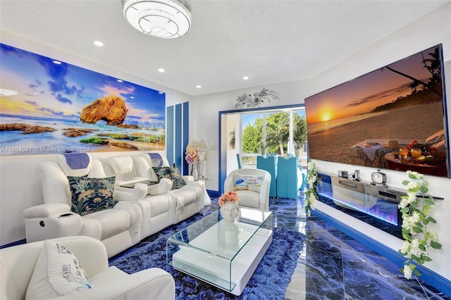 living room with a textured ceiling