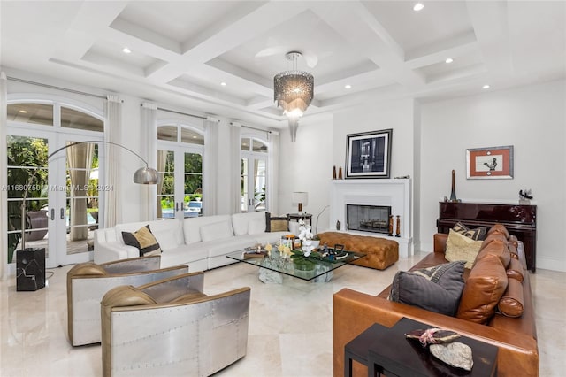 living room featuring beam ceiling, french doors, and coffered ceiling