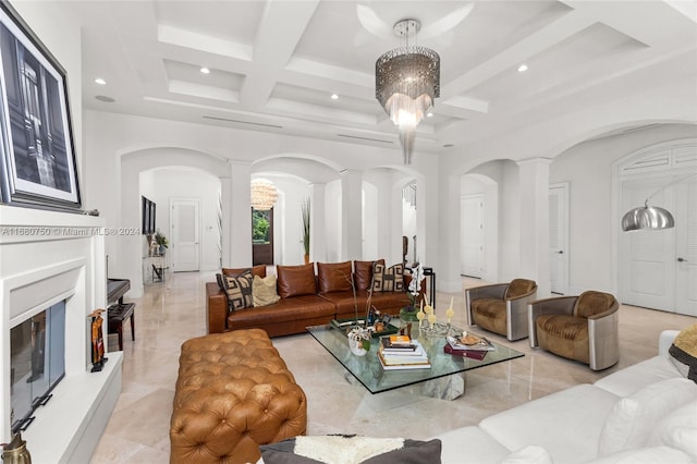 living room featuring light tile patterned floors, beamed ceiling, coffered ceiling, and decorative columns