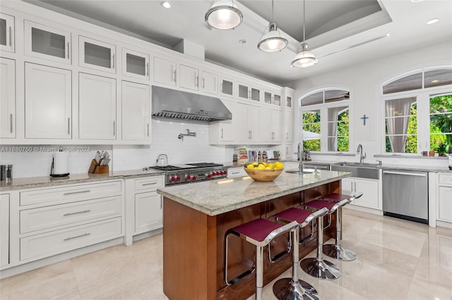 kitchen featuring range hood, appliances with stainless steel finishes, white cabinetry, and a kitchen island with sink