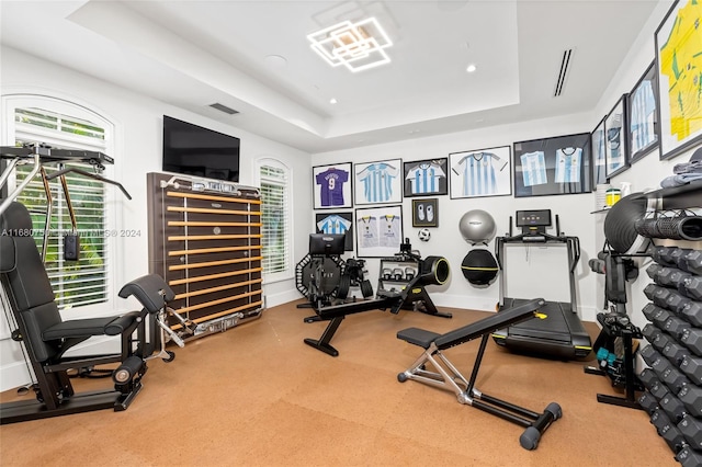 exercise area with a raised ceiling