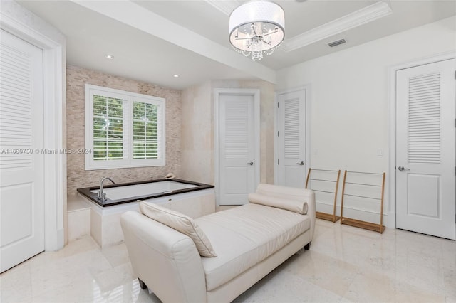 sitting room featuring crown molding, a notable chandelier, and a tray ceiling