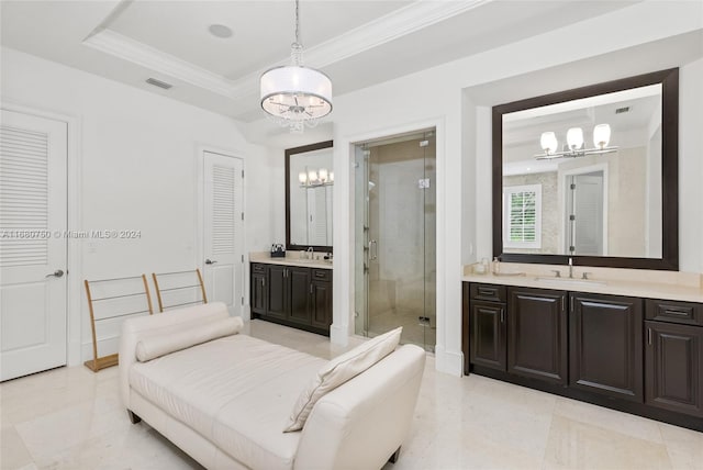 bathroom featuring vanity, a chandelier, a tray ceiling, and walk in shower