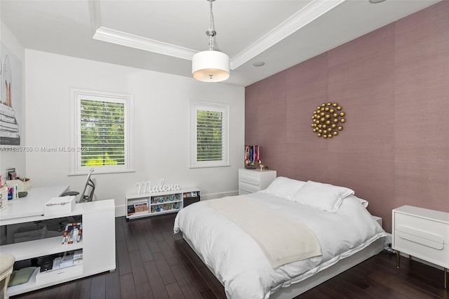 bedroom with a raised ceiling, multiple windows, and dark hardwood / wood-style flooring