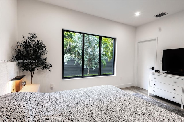 bedroom with multiple windows and hardwood / wood-style flooring