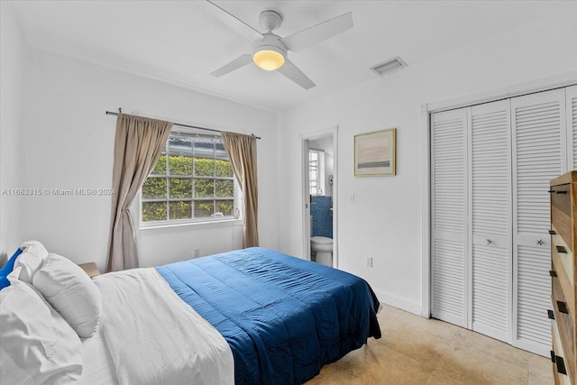 bedroom with a closet, ensuite bathroom, and ceiling fan