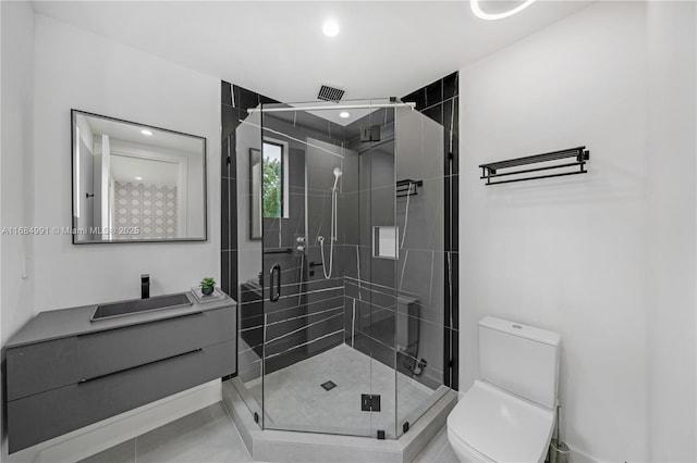 6695 SW 112th St, Pinecrest, FL 33156 - bathroom with toilet, vanity, a stall shower, and recessed lighting