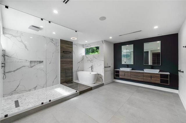 6695 SW 112th St, Pinecrest, FL 33156 - full bath featuring double vanity, a marble finish shower, a freestanding bath, recessed lighting, and baseboards