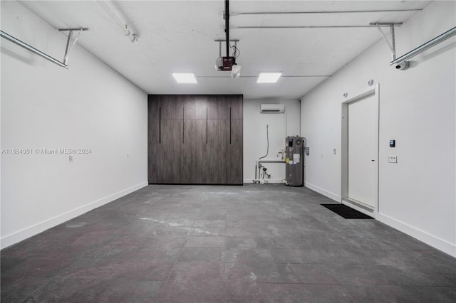 garage with a garage door opener, a wall unit AC, and water heater