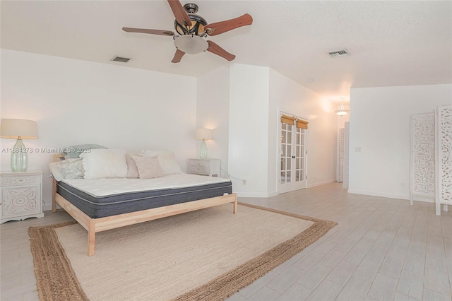 bedroom featuring ceiling fan and light hardwood / wood-style flooring