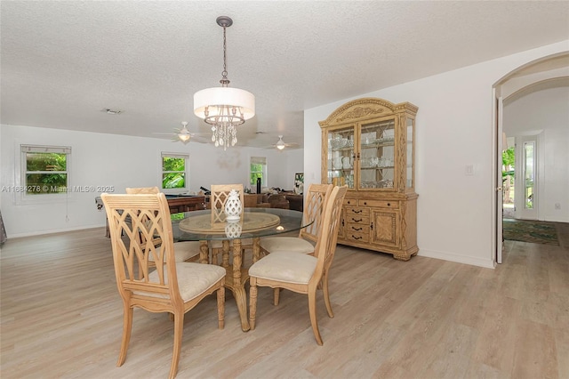 dining room with a textured ceiling, ceiling fan with notable chandelier, and light hardwood / wood-style flooring