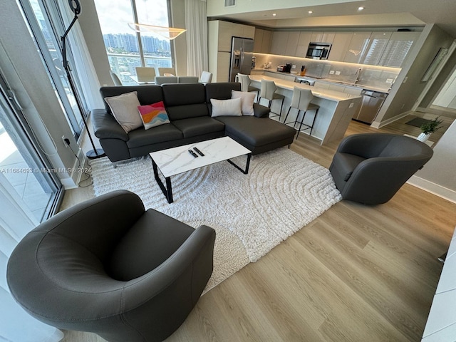 living room featuring sink and light wood-type flooring