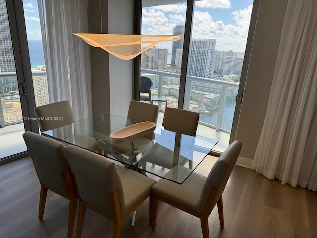 dining area with a water view, light wood-type flooring, and plenty of natural light