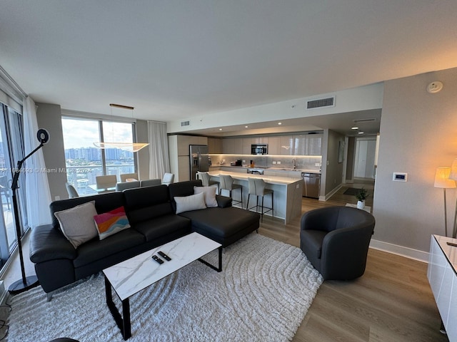 living room featuring sink and light hardwood / wood-style flooring