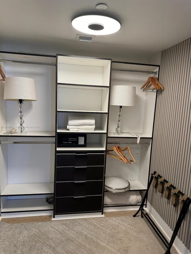 walk in closet with hardwood / wood-style flooring and radiator heating unit