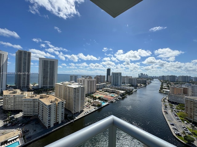 exterior space with a water view