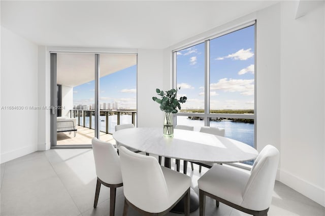 dining area featuring a water view, a wall of windows, and a healthy amount of sunlight