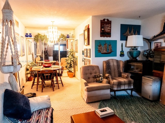 carpeted living room featuring a notable chandelier and a textured ceiling