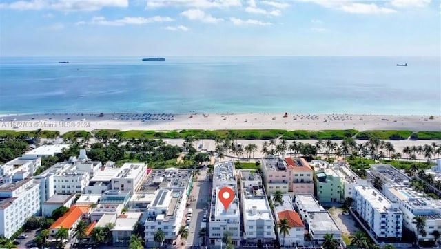 aerial view with a water view and a view of the beach