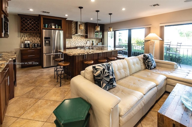 tiled living room with sink