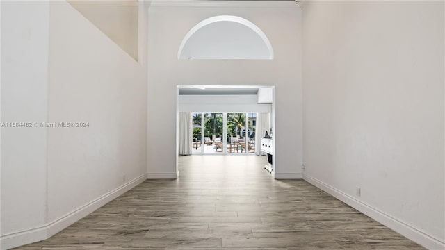 corridor featuring a towering ceiling and hardwood / wood-style flooring