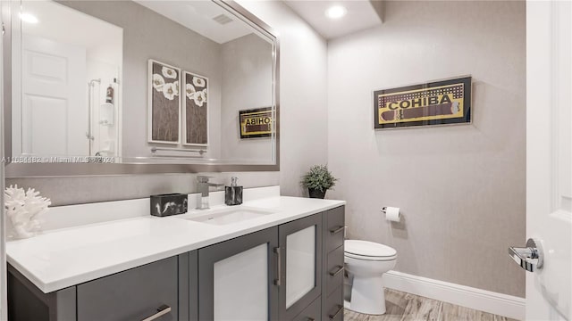 bathroom featuring vanity, wood-type flooring, and toilet