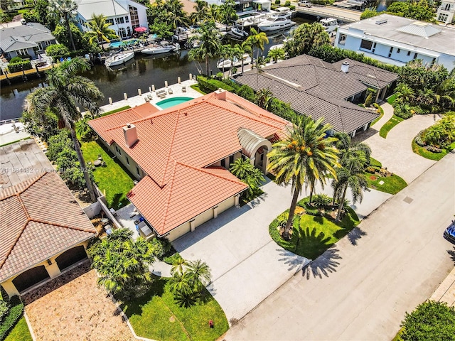 drone / aerial view with a water view