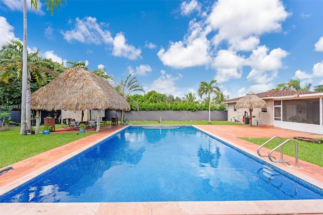 view of swimming pool with a gazebo, a patio area, and a yard