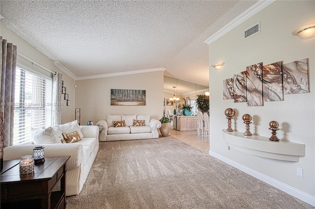 carpeted living room with ornamental molding, lofted ceiling, a notable chandelier, and a textured ceiling