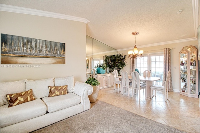 tiled living room with ornamental molding, a textured ceiling, and a notable chandelier