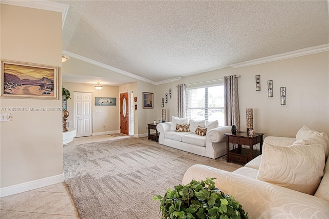 living room featuring ornamental molding, lofted ceiling, light tile patterned flooring, and a textured ceiling