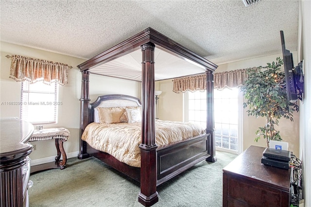 carpeted bedroom featuring access to outside, multiple windows, and a textured ceiling