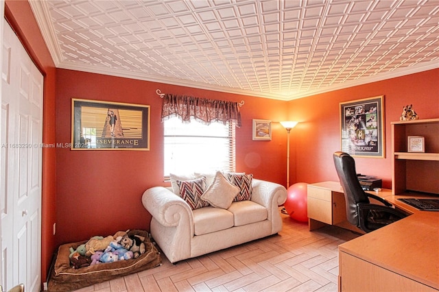 office featuring parquet floors and crown molding