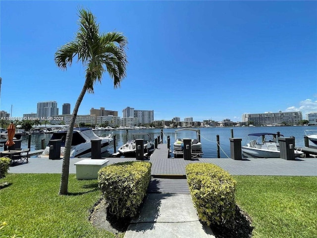 dock area featuring a water view and a lawn