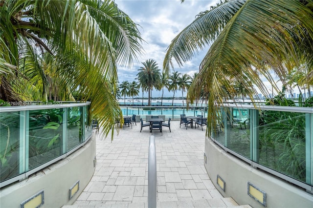 view of patio / terrace with a water view