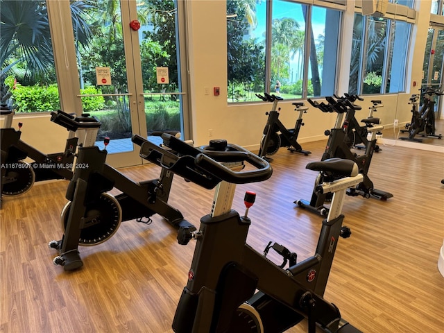 gym with wood-type flooring