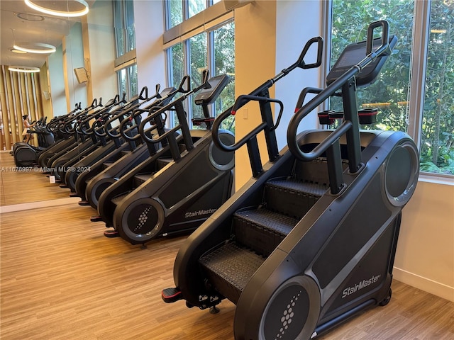 workout area with wood-type flooring