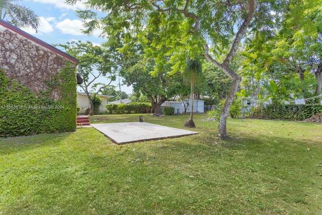 view of yard featuring a storage unit and a patio area