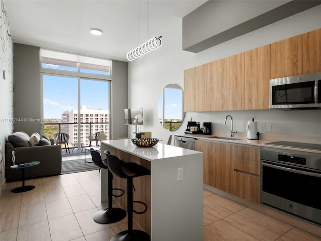 3900 Biscayne Blvd Unit N-1211, Miami, FL 33137 - kitchen with appliances with stainless steel finishes, modern cabinets, a sink, light countertops, and expansive windows