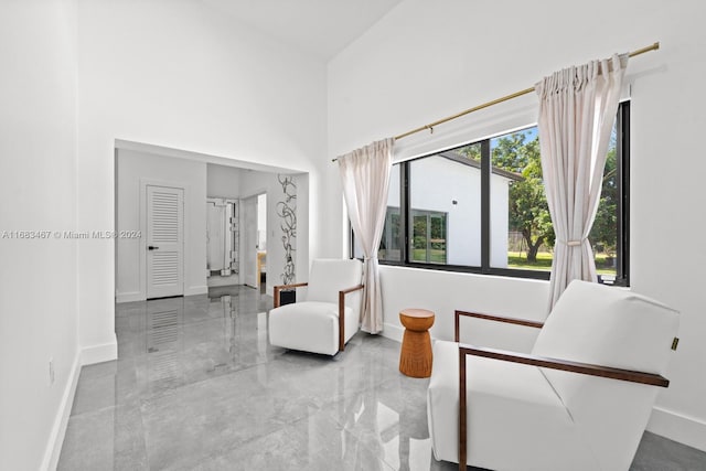 sitting room featuring a towering ceiling