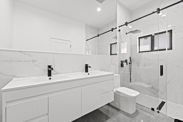 bathroom with vanity, decorative backsplash, toilet, tile walls, and walk in shower