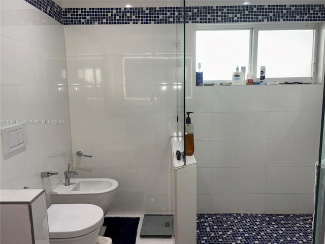 bathroom featuring a tile shower, a bidet, tile walls, tile patterned flooring, and toilet