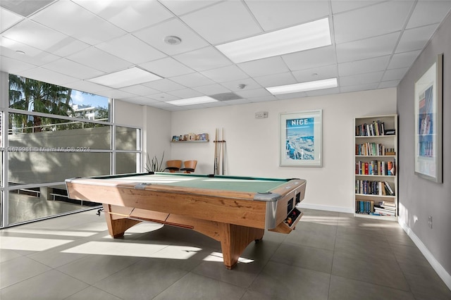 playroom with tile patterned flooring, a drop ceiling, and pool table