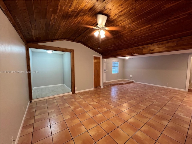 additional living space with lofted ceiling, light tile patterned flooring, and wooden ceiling