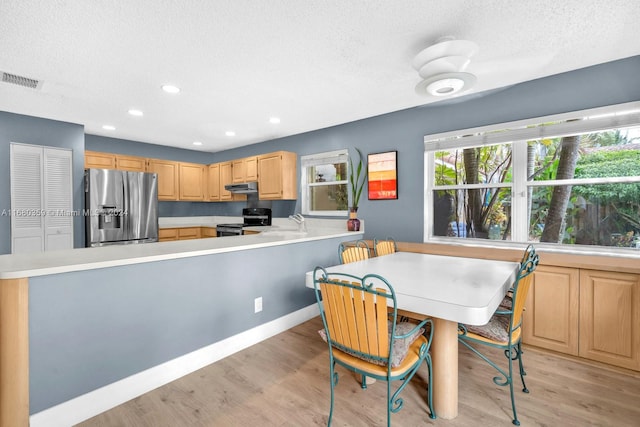 dining area with a textured ceiling and light hardwood / wood-style flooring