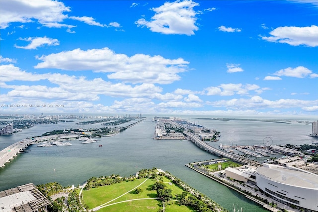 drone / aerial view featuring a water view