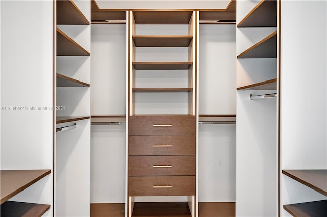 walk in closet with wood-type flooring