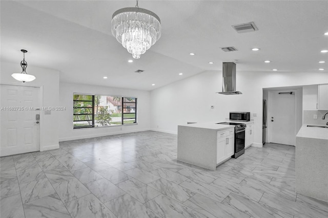 kitchen featuring extractor fan, lofted ceiling, white cabinetry, and stainless steel electric range oven