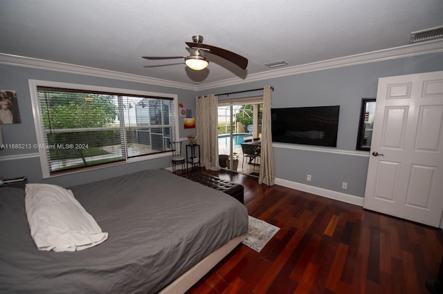 bedroom with a textured ceiling, ceiling fan, crown molding, and dark hardwood / wood-style floors