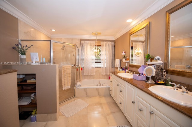 bathroom featuring tile patterned flooring, vanity, ornamental molding, and independent shower and bath